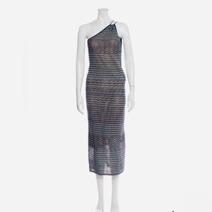 Intermix One-Shoulder Blue Stripe Multicolor Knit Midi Dress Sz Small